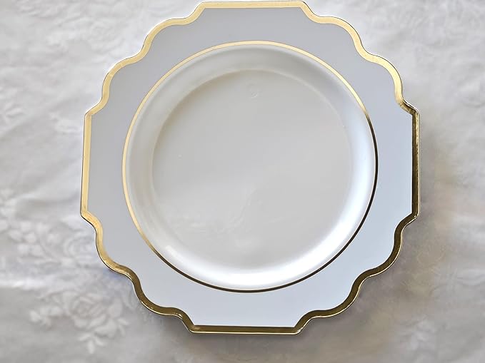 " OCCASIONS " 120 Plates Pack,(60 Guests) Heavyweight Wedding Party Disposable Plastic Plates Set -60 x 10.5'' Dinner + 60 x 8'' Salad/Dessert Plate (Imperial in White/Blue & Gold)