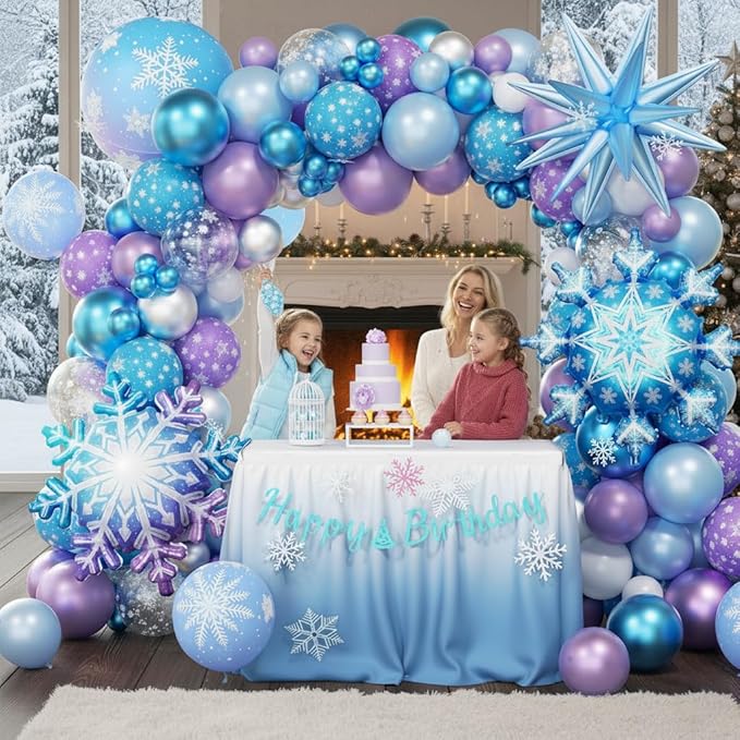 Frozen Balloon Arch Garland Kit 220pcs, Blue Purple White Balloons with Fringe Curtain Snowflake Balloons Birthday Banner for Winter Wonderland Baby Shower Snow Princess Birthday Party Decor