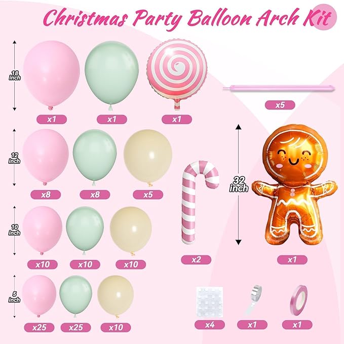 Christmas Balloon Arch Kit, Pink Green Ivory White Balloons with Gingerbread Man Candy Lollipop Foil Balloons for Christmas Party Decorations New Year Party Supplies
