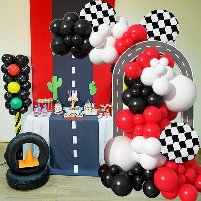 Racing Car Balloons Arch Garland Kit, Red and Black White Checkered Foil Balloons Garland Kit, Wheels Balloon for Boys Birthday Baby Shower Race Car Theme Party Decorations Supplies
