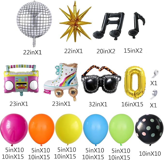 80s 90s Disco Theme Party Decorations, 161Pcs Rainbow Balloon Arch Garland Kit with Retro Radio Glasses Roller Skate Disco Ball Musical Note Chain Foil Balloons for Back to 80s 90s Hip Hop Birthday
