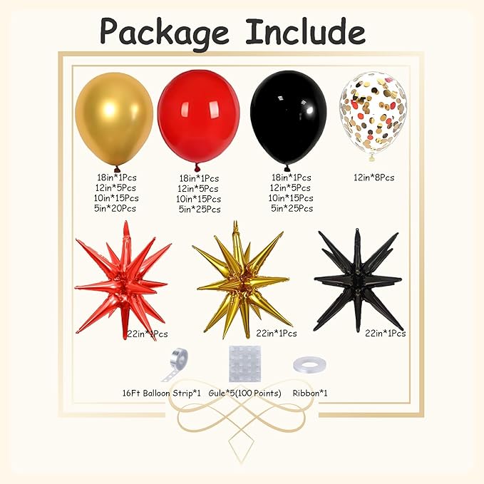 DBKL Red Black Gold Balloons Garland Arch Kit with Red Black and Gold Confetti Explosion Star Balloons for Graduation Birthday Casino Night Hollywood New Years Party Decorations