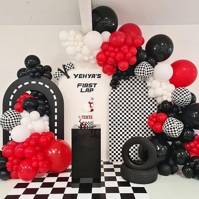Racing Car Balloons Arch Garland Kit, Red and Black White Checkered Foil Balloons Garland Kit, Wheels Balloon for Boys Birthday Baby Shower Race Car Theme Party Decorations Supplies