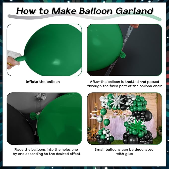 Black and Green Silver Balloon Arch Kit with Explosion Star Balloons, 105pcs Emerald Forst Green and Chrome Metallic Silver Balloons Garland for Wedding Birthday Football Graduation Party Decorations