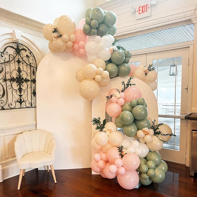 Pink and Green Balloon Arch Garland Kit, 122Pcs Ivory Sand White Dusty Pink Sage Green Spring Balloons for Women Girl Boho Bridal Wedding Baby Shower Engagement Birthday Party Decorations