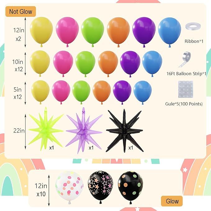 DBKL 190Pcs Neon Balloons Arch Garland Kit with Glow in the Dark Neon Balloons, Rainbow DISCO Birthday Party Decorations for Back to 80s 90s Birthday Disco Party Supplies