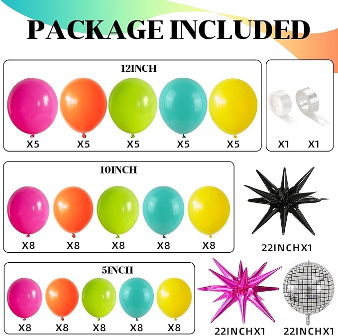 80s 90s Theme Party Decorations, Neon Rainbow Balloon Garland Arch Kit Colorful Balloons with Black Hot Pink Explosion Star Balloon Disco Ball Foil Balloons for Back to 80s 90s Hip Hop Birthday Party