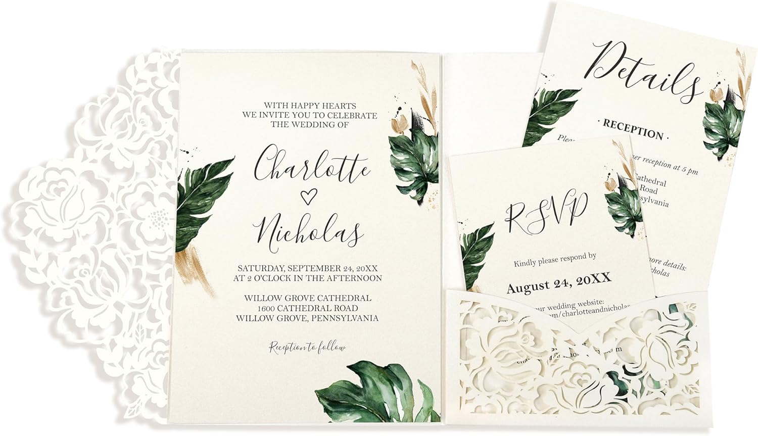 DORIS HOME 50pcs Laser Cut Wedding Invitation Pockets with Envelopes Ivory White, 5.12" x 7.12"Invitation Cards for Wedding, Anniversary (No Inserts Included)