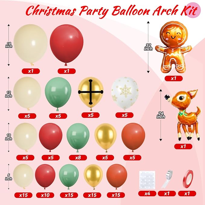 Christmas Balloon Arch Kit, Green Retro Pink Orange Sage Green Metallic Gold Balloons with Santa Candy Lollipop Foil Balloons for Christmas Party Xmas Eve New Year Holiday Party Decorations