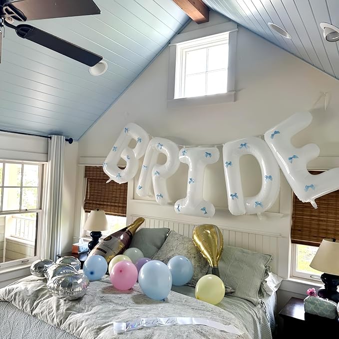 40Inch White BRIDE Balloons Bachelorette with Blue Bows, Big BRIDE Mylar Foil Letter Balloon, Bride To Be Banner Sign Something Blue Before I Do Bridal Shower Engagement Wedding Party Decorations