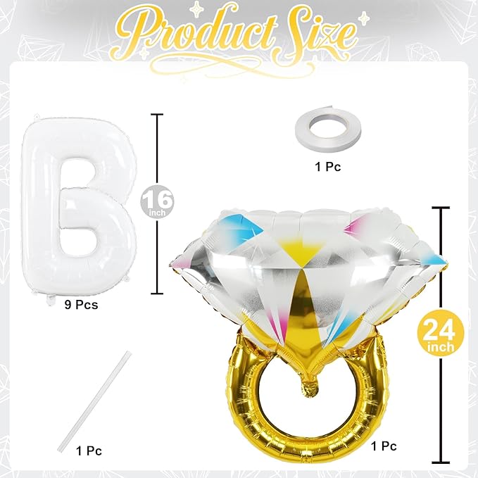 Bachelorette Party Decorations, White Bride To Be Bridal Shower Letter Balloons Banner with Diamond Ring Mylar Foil Balloon for Engagement Wedding Photo Booth Hen Night Room Party Decor