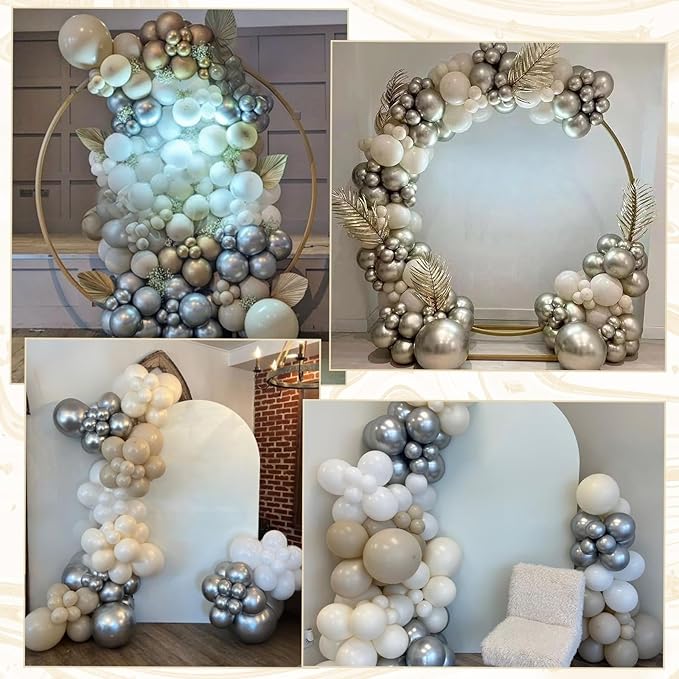 White Sand Balloons Arch Kit, Sand White Khaki Brown Neutral Balloon Garland with Metallic Chrome Silver Beige Balloons for Boho Wedding Baby Bridal Shower Engagement Anniversary Birthday Decorations