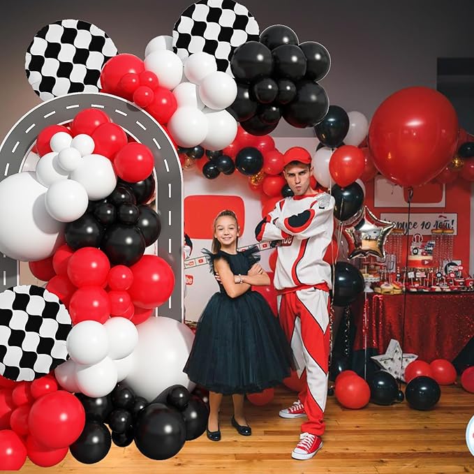Racing Car Balloons Arch Garland Kit, Red and Black White Checkered Foil Balloons Garland Kit, Wheels Balloon for Boys Birthday Baby Shower Race Car Theme Party Decorations Supplies