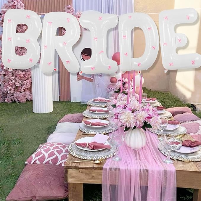 40Inch White BRIDE Balloon + Pink Bows for Bachelorette Party Decorations, Large BRIDE Mylar Foil Letter Balloons, Bride To Be Banner for Bridal Shower Photo Booth Engagement Wedding Hen Party Decor