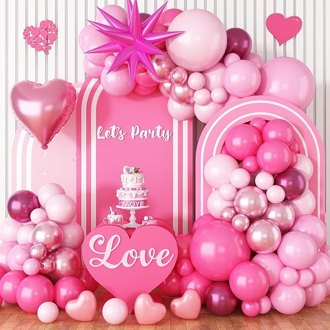 Pink Balloon Arch Kit, 112 PCS Pink and Hot Pink Pastel Pink Metallic Balloons Garland with Explosion Star Heart Foil Balloons for Girls Birthday Bridal Valentine's Day Princess Party Decorations