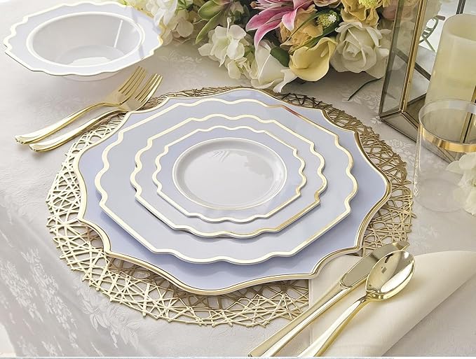 " OCCASIONS " 120 Plates Pack,(60 Guests) Heavyweight Wedding Party Disposable Plastic Plates Set -60 x 10.5'' Dinner + 60 x 8'' Salad/Dessert Plate (Imperial in White/Blue & Gold)