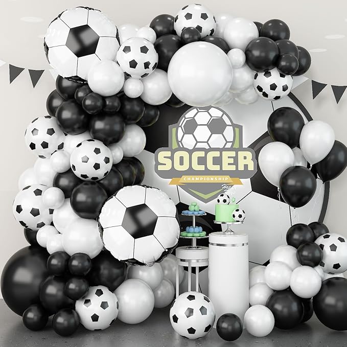 Soccer Balloon Garland Arch Kit, 22 18 12 10 5 Inch Black White Football Print Balloons Arch Kit with 4D Football Foil Balloon Football Helium Balloon for Birthday Soccer Club Party
