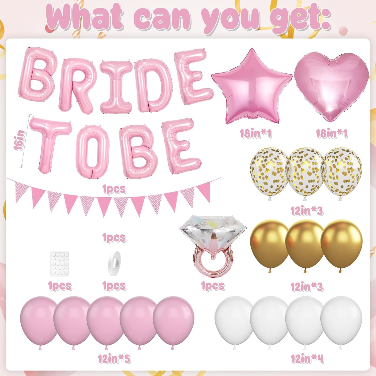 Pink and Gold Bachelorette Party Decorations, Pink Bride To Be Bridal Shower Balloons Decorations, Pink Gold Confetti Balloons with Diamond Ring Star Heart Balloon for Bachelorette Engagement Wedding