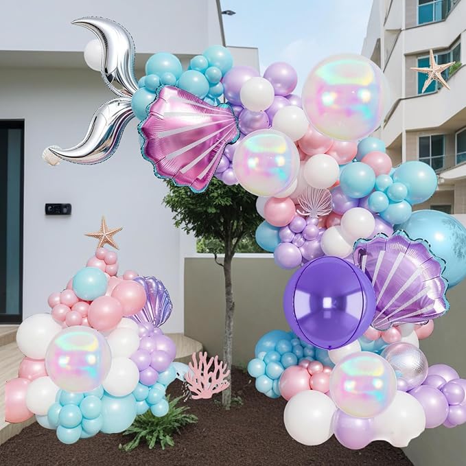 Mermaid Balloon Garland Arch Set, Purple Teal Blue Pink Clear Latex Balloons with 22'' 4D Iridescent Round Foil Balloons, Seashell Foil Balloon for Kids Birthdays Under the Sea Party Pack of 126