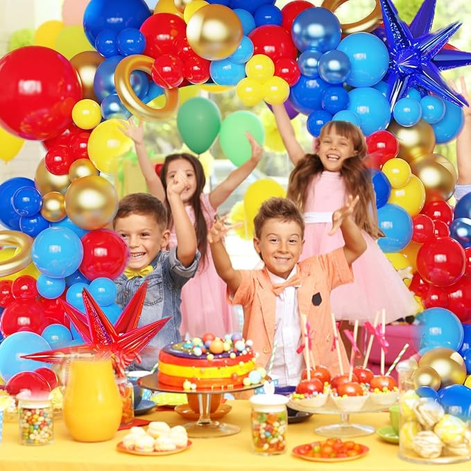 142 Pcs Cartoon Hedgehog Red Blue Yellow Balloon Arch Kit,Gold Circle Twisting Balloons with Exploding Star Foil Balloons for Video Game Theme Birthday Party Carnival Circus Baby Shower Decorations