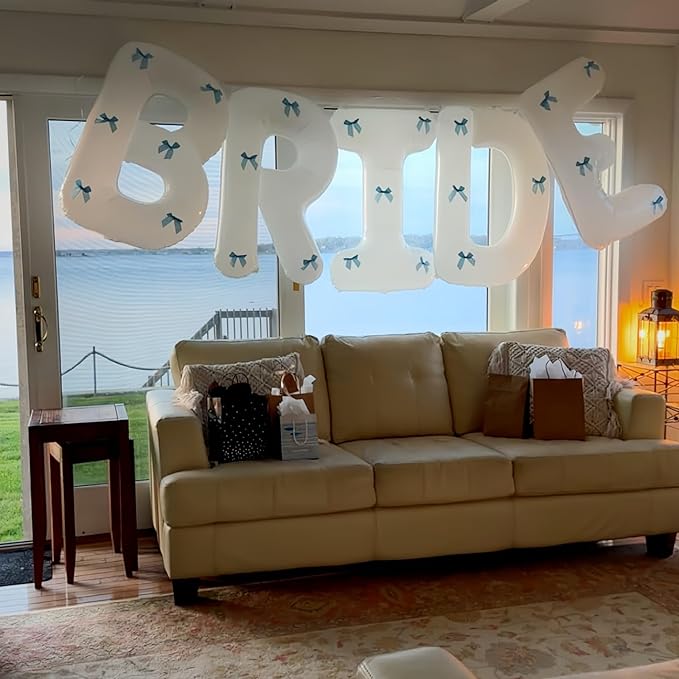40Inch White BRIDE Balloons Bachelorette with Blue Bows, Big BRIDE Mylar Foil Letter Balloon, Bride To Be Banner Sign Something Blue Before I Do Bridal Shower Engagement Wedding Party Decorations
