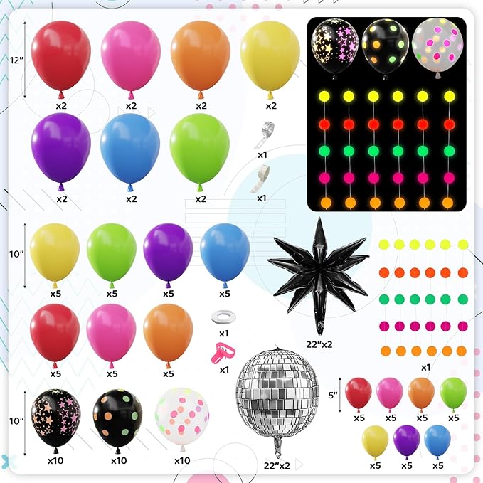 Amandir Glow in the Dark Party Decorations, 80S Disco Rainbow Balloon Arch Garland Kit with Foil Star UV Neon Luminous Fluorescent Balloons 9.8ft Streamer Garland for Back to 90S Prom Birthday Decor