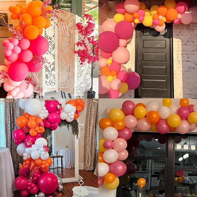 Boho Daisy Balloons Arch Kit, 142Pcs Hot Pink and Orange Balloons Garland Kit 12 10 5 Inch Pink Orange Yellow Latex Balloons for Boho Girls Women Birthday Baby Shower Wedding Party Decoration