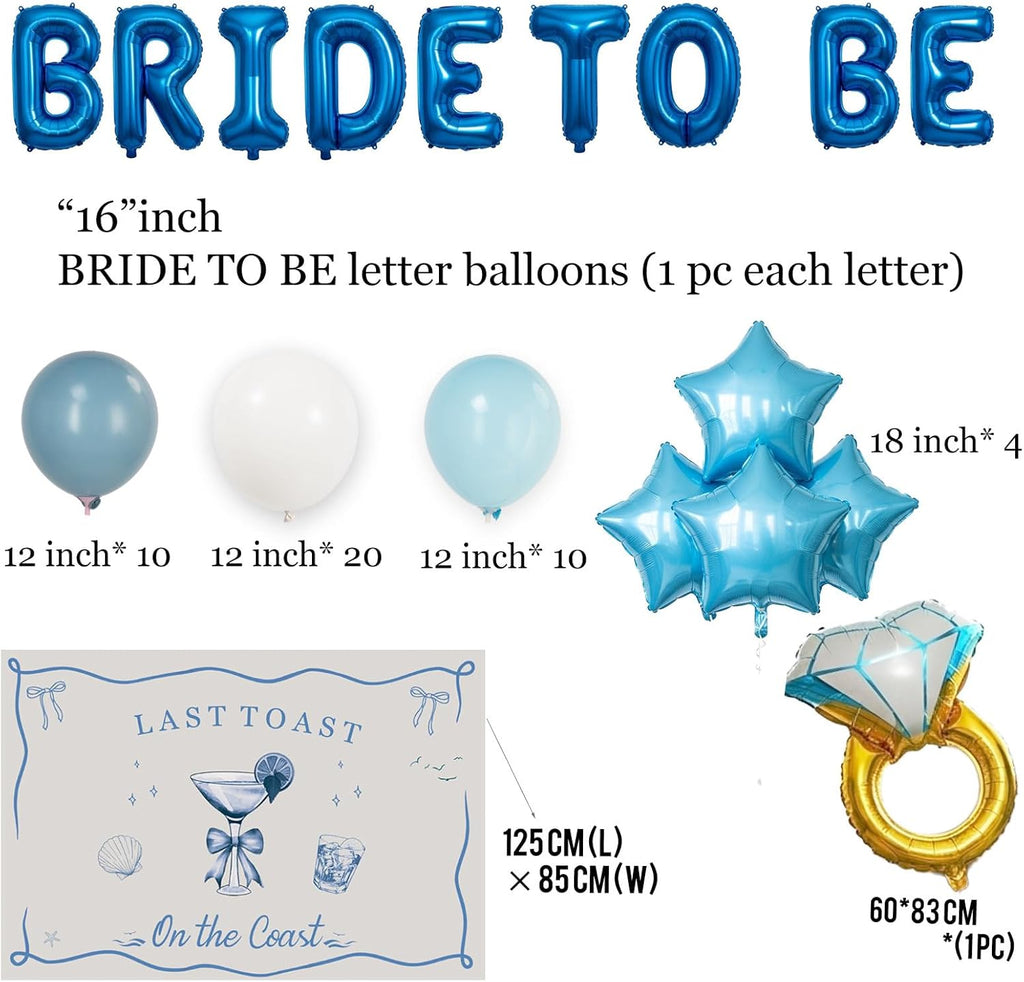 Last Toast on the Coast Bachelorette Decorations Blue bridal shower Blue Balloon Garland Kit with Backdrop BRIDE TO BE letter Diamond Ring balloons for Hen Party Wedding Engagement supplies