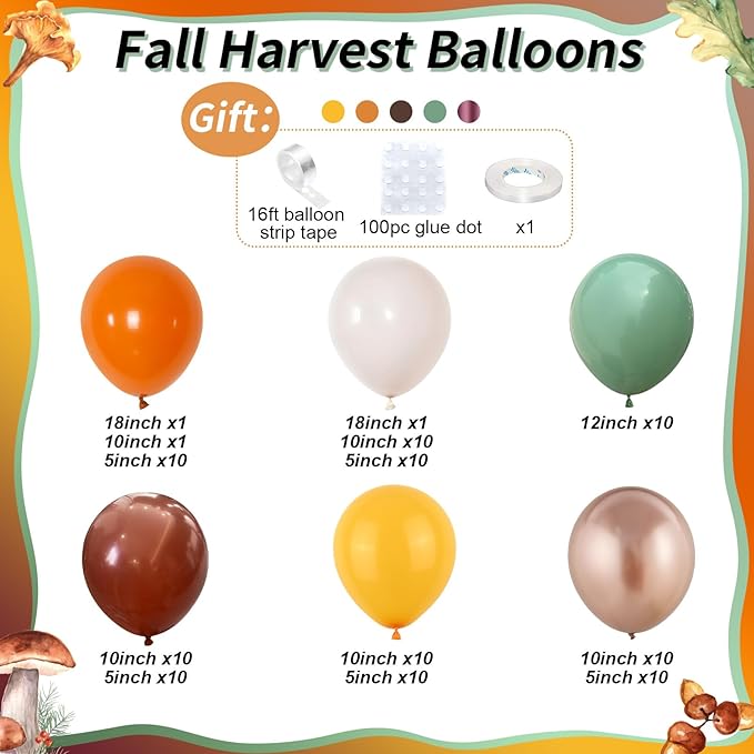 124pcs Fall Balloon Arch Kit, Thanksgiving Garland with Sage Green Burnt Orange Brown Coffee Sand Nude Metallic Gold Balloons for Fall Thanksgiving Autumn Harvest Birthday Party Decorations