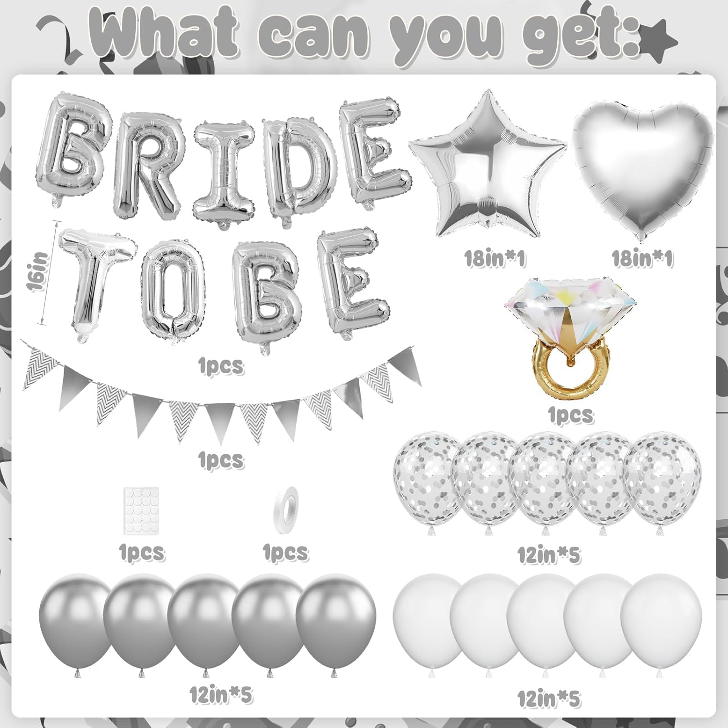 Silver Bachelorette Party Decorations, Silver Bride To Be Bridal Shower Balloons Decorations, Metallic White Balloon with Diamond Ring Star Heart Balloon for Bachelorette Engagement Wedding