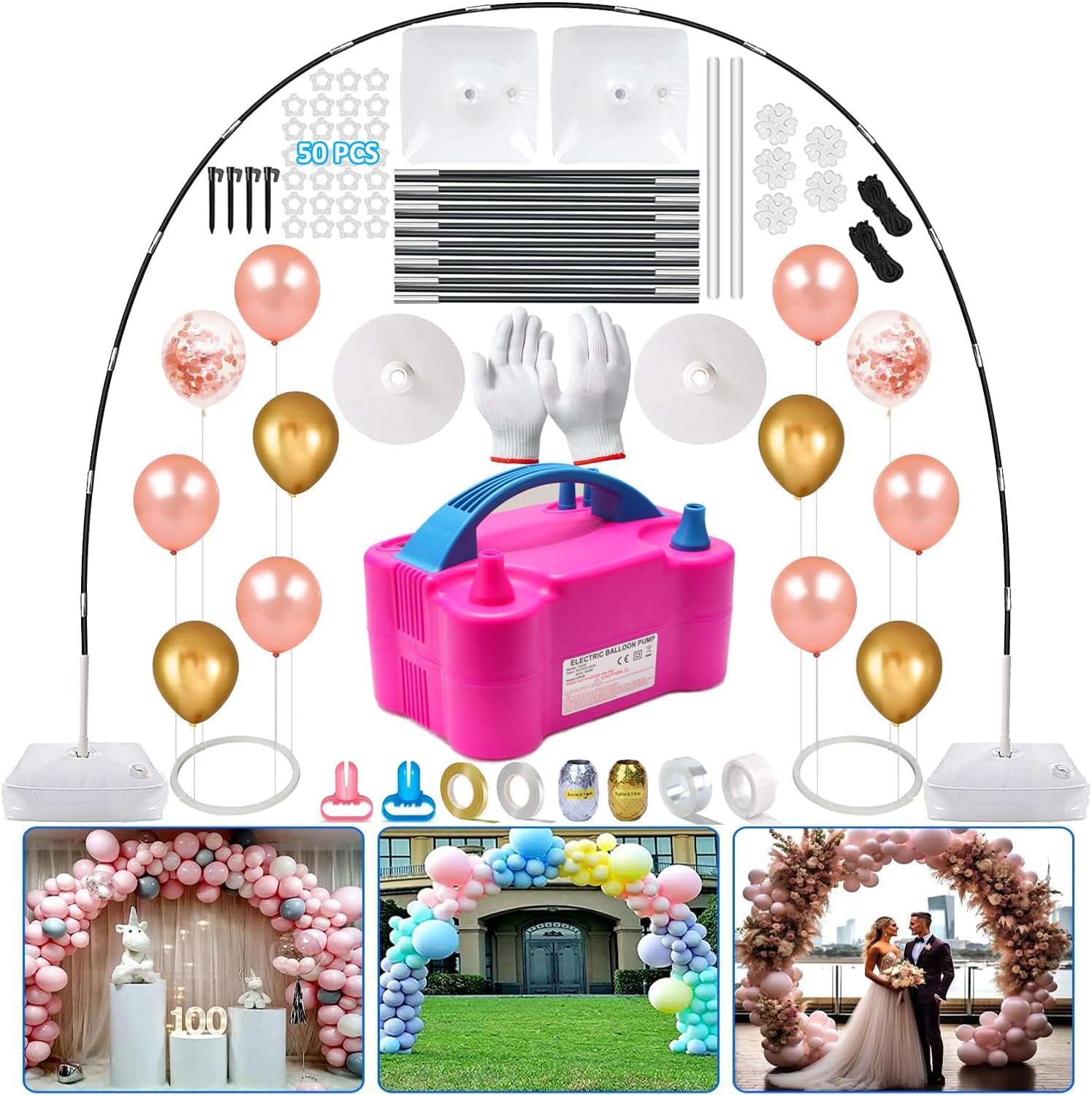 Balloon Arch Kit and Balloon Pump, 10FT Width 9FT Height Adjustable Balloon Arch Stand with NEW DESIGNED 2 Balloon Stands Water Fillable Bases for Wedding Anniversary Mother's Day Party