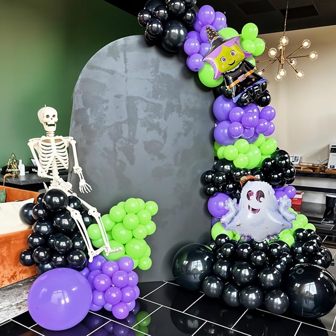 Halloween Balloon Arch Garland Kit, Black Green Purple Metallic Confetti Ghost Witch Foil Balloons with 3D Bat Stickers for Halloween Baby Shower Party Decorations Cosplay Theme Party