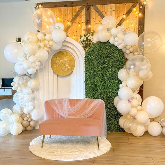 Pearl White Balloon Arch Kit, 117PCS Bow Long Balloons and Pearl Sand White Ivory Matte White Balloons Garland with 3PCS Clear Balloons for Wedding Engagement Birthday Baby Shower Party Decoration