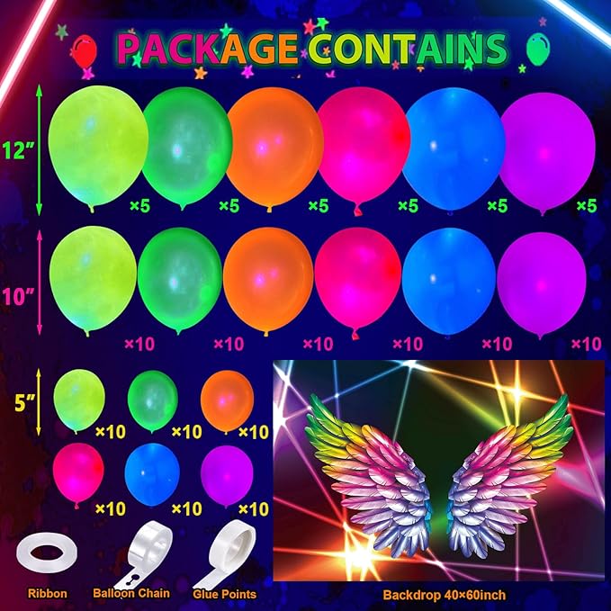 154 Neon Party Decorations Glow in the Dark Birthday Supplies Wings Backdrop Rainbow Balloon Garland Arch Kit Light Luminous Fluorescent Kids Teens Adult 80s 90s Disco Party Decor