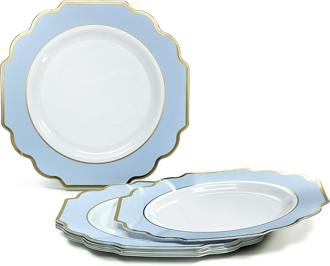 " OCCASIONS " 120 Plates Pack,(60 Guests) Heavyweight Wedding Party Disposable Plastic Plates Set -60 x 10.5'' Dinner + 60 x 8'' Salad/Dessert Plate (Imperial in White/Blue & Gold)
