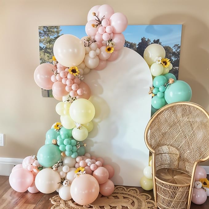 Pink and Green Balloon Arch Kit, 122Pcs Dusty Green Macaron Pink Yellow Matte Balloons for Girls Flower Birthday Bridal Wedding Engagement Floral Baby Shower Anniversary Tea Party Decorations