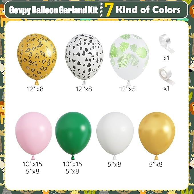 Safari Pink Balloon Garland Kit, Dark Green Pink White Cow Gold Leopard Animal Print Jungle Balloon Arch with Turtle Leaves for Girls Wild One Theme Birthday Baby Shower Party Decorations Supplies