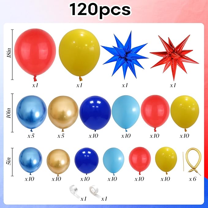 Red Blue Yellow Balloon Arch Kit, 120 Pcs Carnival Circus Balloon Garland Kit, Red Metallic Blue Gold Balloon with Explosion Star Foil Balloons for Kids Birthday Carnival Theme Party Decorations