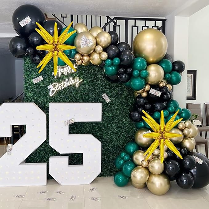 Dark Green and Black Balloon Arch Kit with Explosion Star Balloons, 123pcs Emerald Green and Confetti Gold Balloon Garland for Birthday Anniversary Bachelorette Grad Wedding New Year Party Decoration