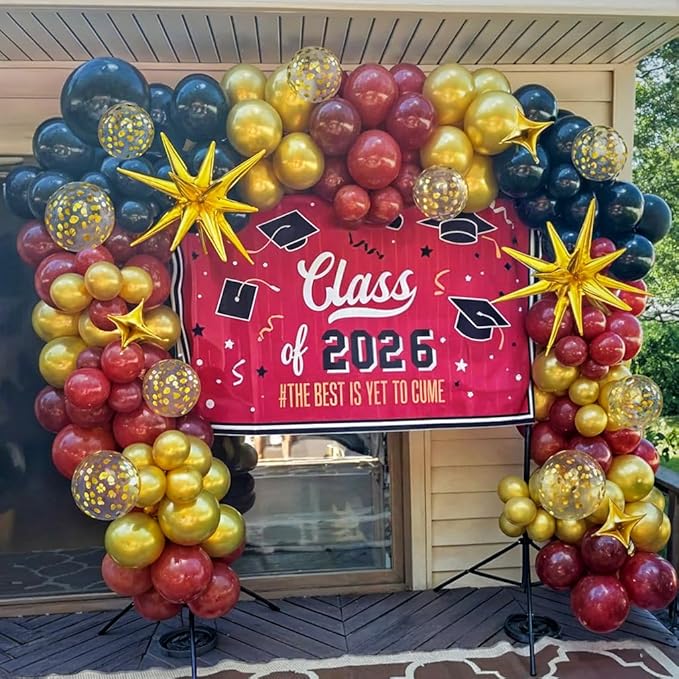 Black Burgundy Gold Balloons Arch Kit, Maroon Black Gold Balloons Arch Garland, 98Pcs Black Red Metallic Gold Balloons with Stars Balloon for Birthdays Retirement Graduation Celebrations Class of 2025