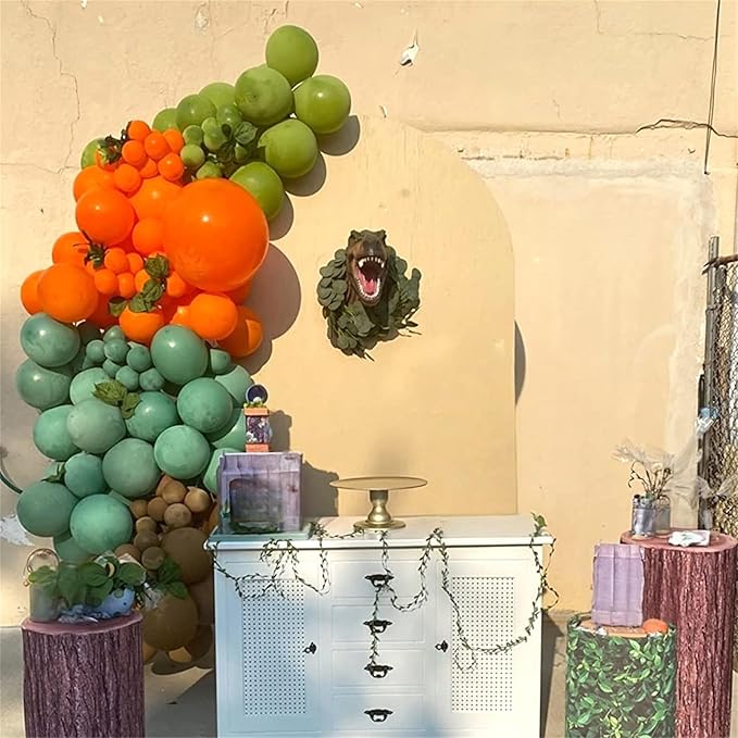 113 PCS Dinosaur Balloons Garland Arch Kit, Sage Green Orange Brown Balloons Arch Kit for Kids, Dinosaur Themed Birthday Party Decorations for Jungle Safari Dino Birthday Baby Shower Party Supplies