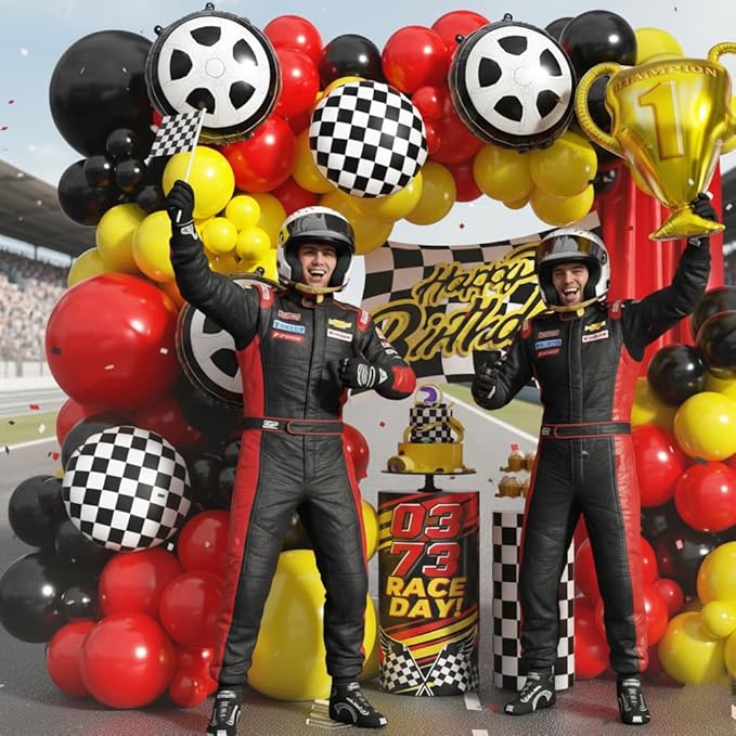 Race Car Balloon Arch Garland Kit, 154pcs Different Size Tire Flags Checkered Black Red Yellow Balloons Arch Kit for Racing Car Two Fast Theme Boy Birthday Anniversary Party Decorations