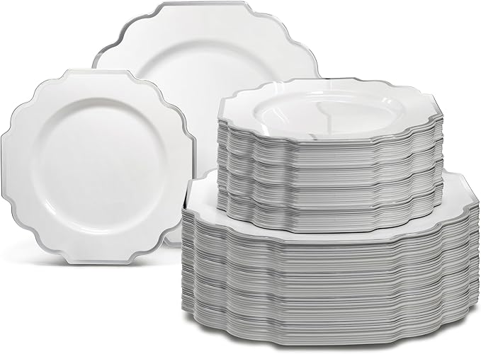 " OCCASIONS " 120 Plates Pack,(60 Guests) Heavyweight Wedding Party Disposable Plastic Plates Set -60 x 10.5'' Dinner + 60 x 8'' Salad/Dessert Plate (Imperial in White & Silver Rim)