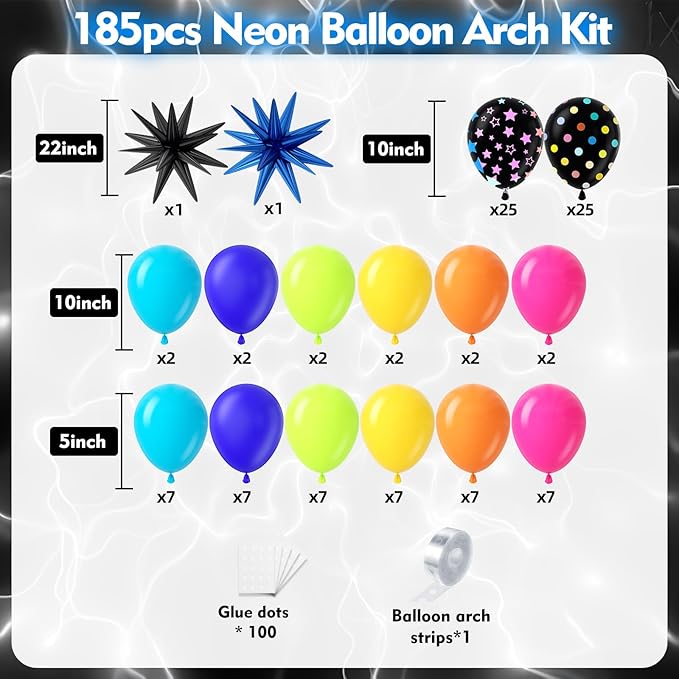 185Pcs Neon Balloons Arch Garland Kit with Glow in the Dark Balloons, Neon Balloons Arch Kit for Back to 80s 90s DISCO Birthday Party Decorations, Let's Glow Party, Rock Roll Party Supplies