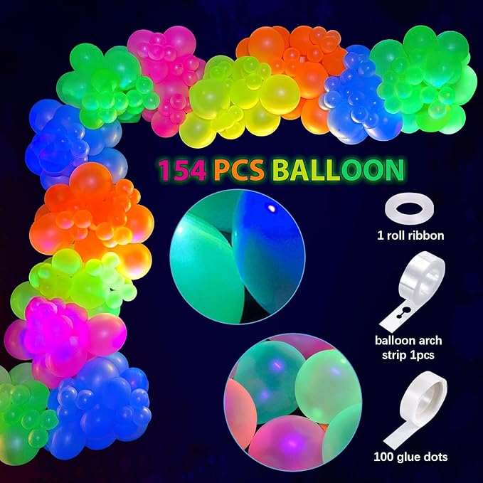 154 Neon Party Decorations Glow in the Dark Birthday Supplies Wings Backdrop Rainbow Balloon Garland Arch Kit Light Luminous Fluorescent Kids Teens Adult 80s 90s Disco Party Decor