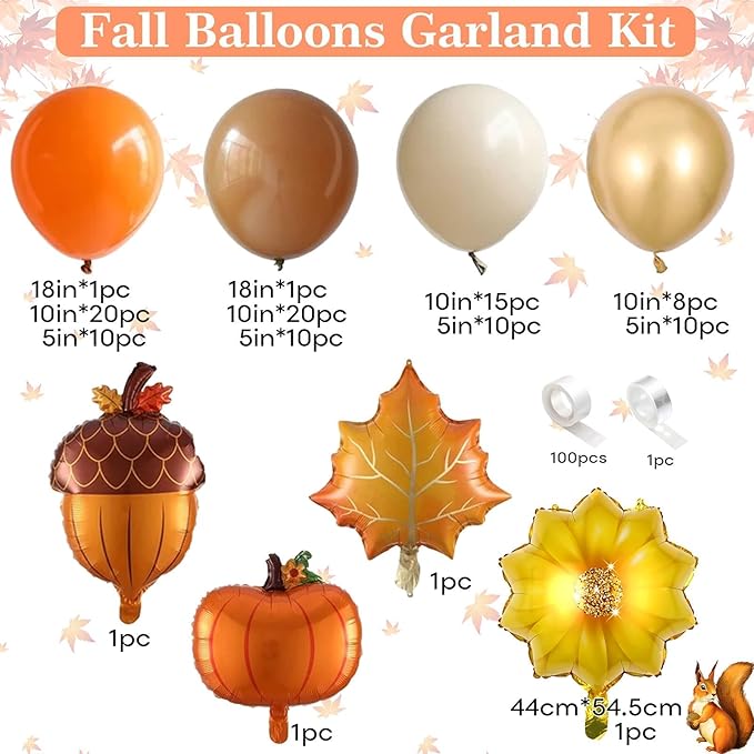 Fall Party Decoration Balloon Arch Kit, Orange Burgundy Brown Beige White Balloons with Maple Leaves Pumpkin Foil Balloons Garland for Thanksgiving Autumn Harvest Birthday Baby Shower Decor Supplies