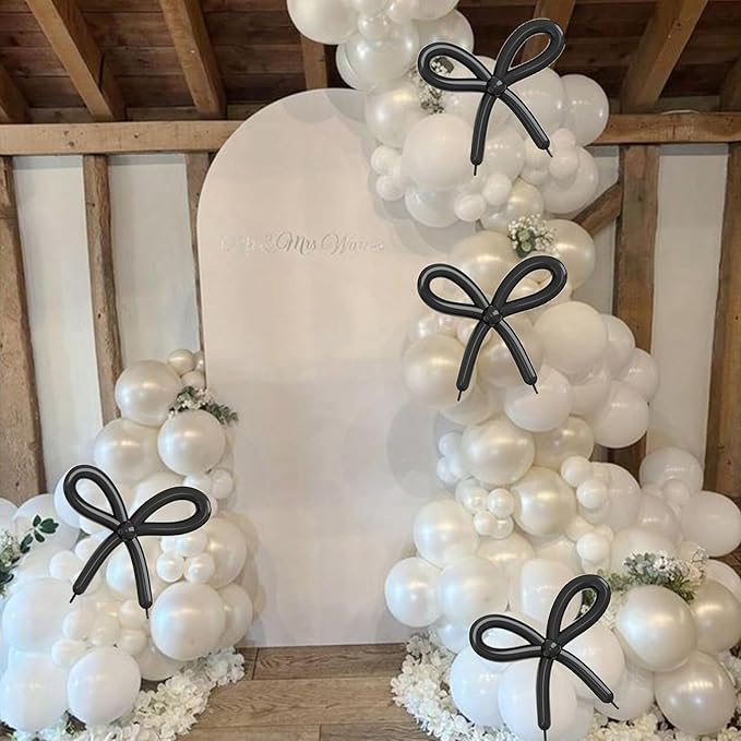 Pearl White Balloon Arch Kit, 117PCS Bow Long Balloons and Pearl Sand White Ivory Matte White Balloons Garland with 3PCS Clear Balloons for Wedding Engagement Birthday Baby Shower Party Decoration