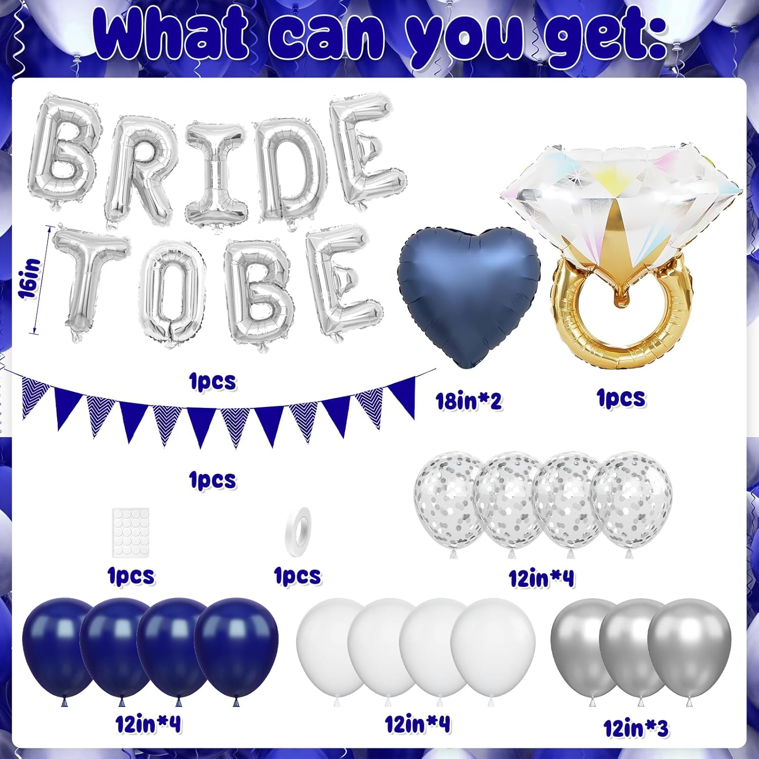 Blue Silver Bachelorette Party Decorations, Silver Bride To Be Bridal Shower Balloons Decoration, Navy Blue White Silver Balloon and Diamond Ring Blue Heart Balloon for Bachelorette Engagement Wedding