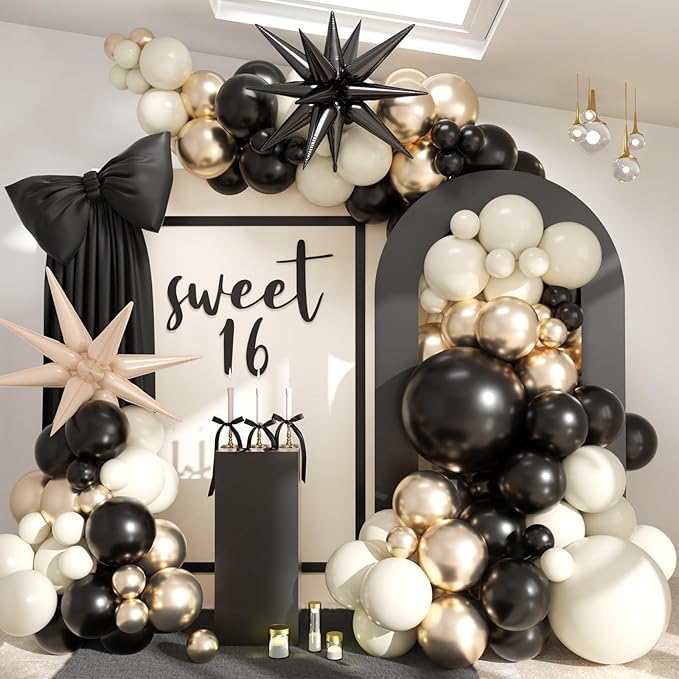 Black White Gold Balloon Garland Kit, 115Pc Beige Sand Black Cream Metallic Gold Balloon Arch Explosion Star Foil Balloons for Girls Women Birthday Bachelorette Graduation Coquette Party Decoration
