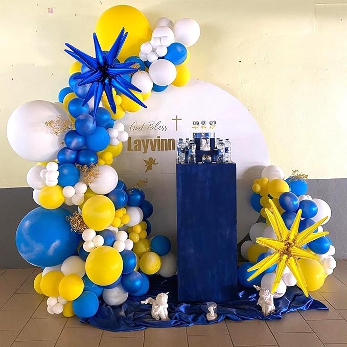 Royal Blue Yellow Balloon Arch Garland Kit, 129pcs Metallic Blue and Yellow White Gold Balloons Garland with 4D Foil Star Balloons for Baby Shower Anniversary Graduation Birthday Party Decorations